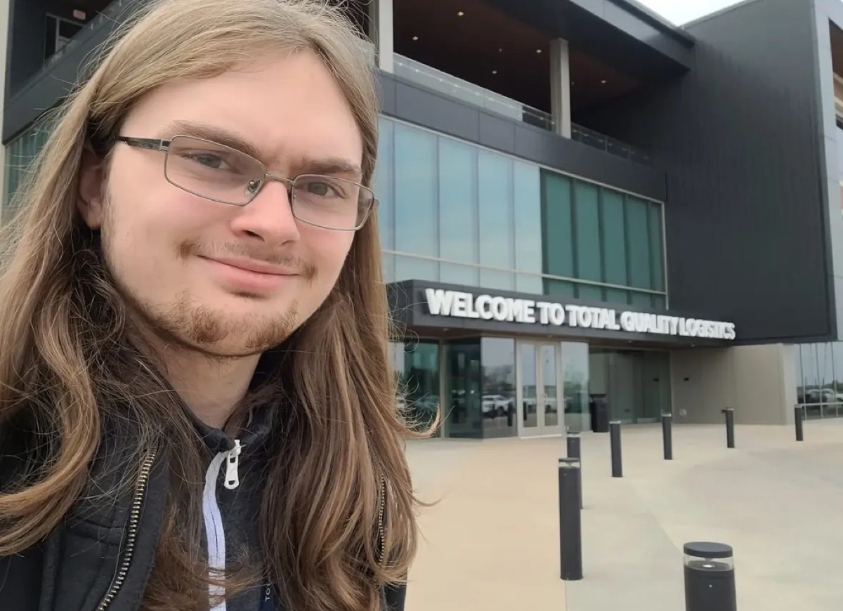 Levi Huff outside the Total Quality Logistics office building