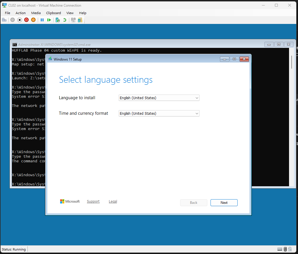 Windows 11 Setup launched from a custom WinPE session delivered through WDS