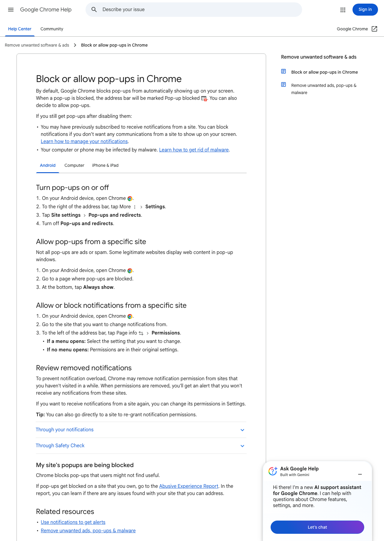 Official Google Chrome Help page showing the Android steps for turning off pop-ups and reviewing site notifications