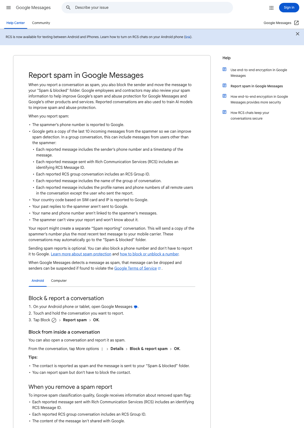 Official Google Messages Help page showing how to block and report a conversation as spam on Android