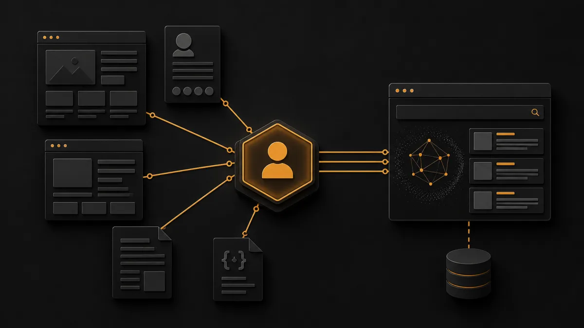 A central identity node connecting portfolio pages, structured documents, and an AI retrieval interface