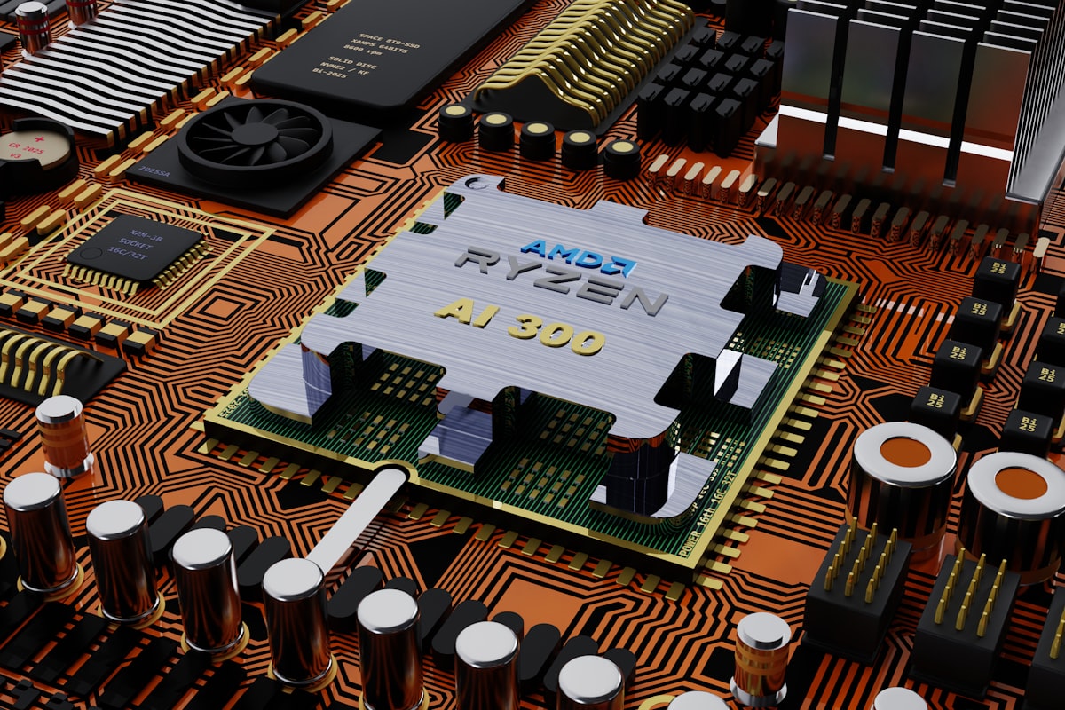 Close-up of computer motherboard with visible CPU, components, and circuits